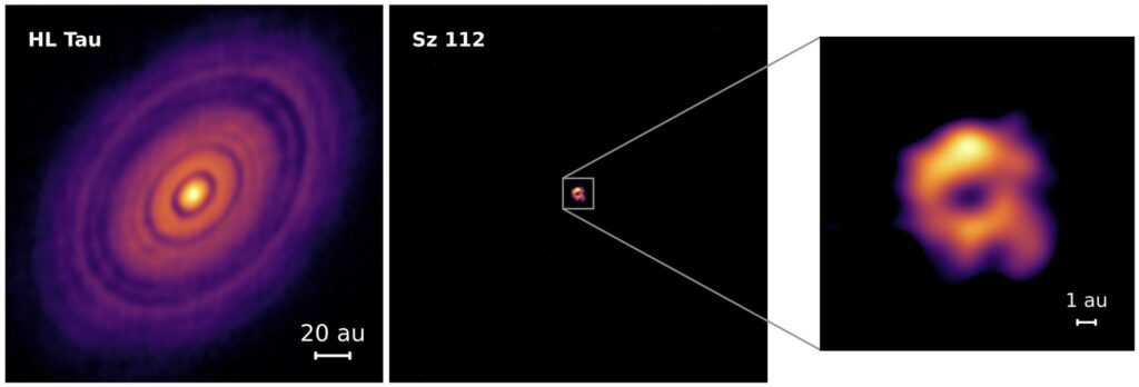 HL Tau rescaled to the distance of Sz 112 beside Sz 112 and an enlarged view of its central cavity