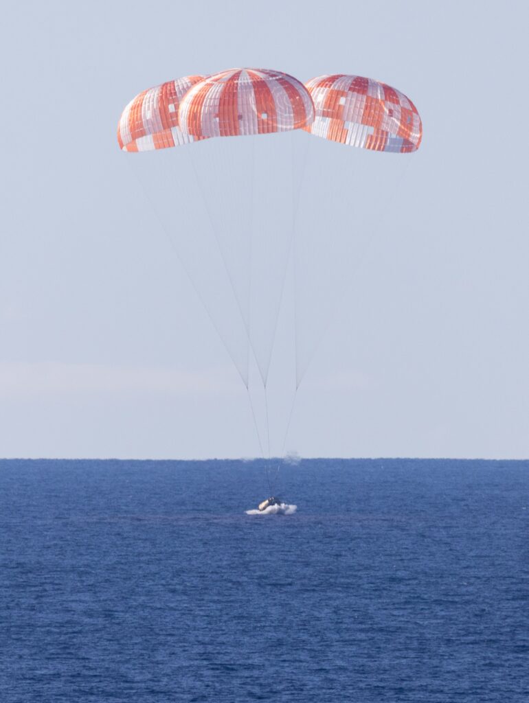 The Orion spacecraft after splashdown in the Pacific Ocean at the end of Artemis II