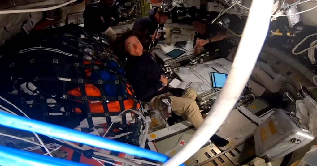 The Artemis II crew inside Orion during the April 6 lunar flyby