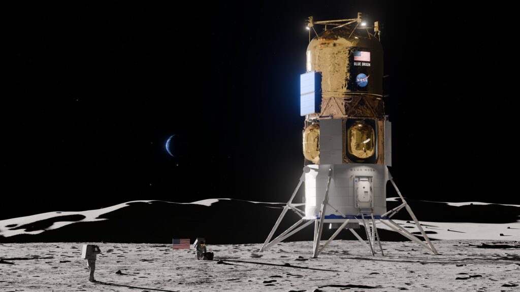 Artist concept of Blue Origin's Blue Moon Mark 2 lander on the lunar surface