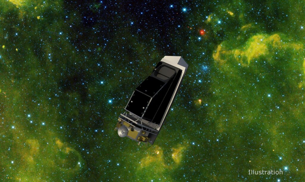 Illustration of NASA's NEO Surveyor telescope against a starfield filled with asteroids