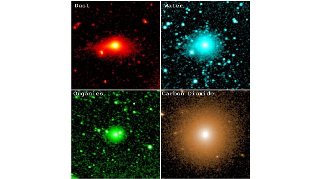 SPHEREx four-panel view of comet 3I/ATLAS from December 2025