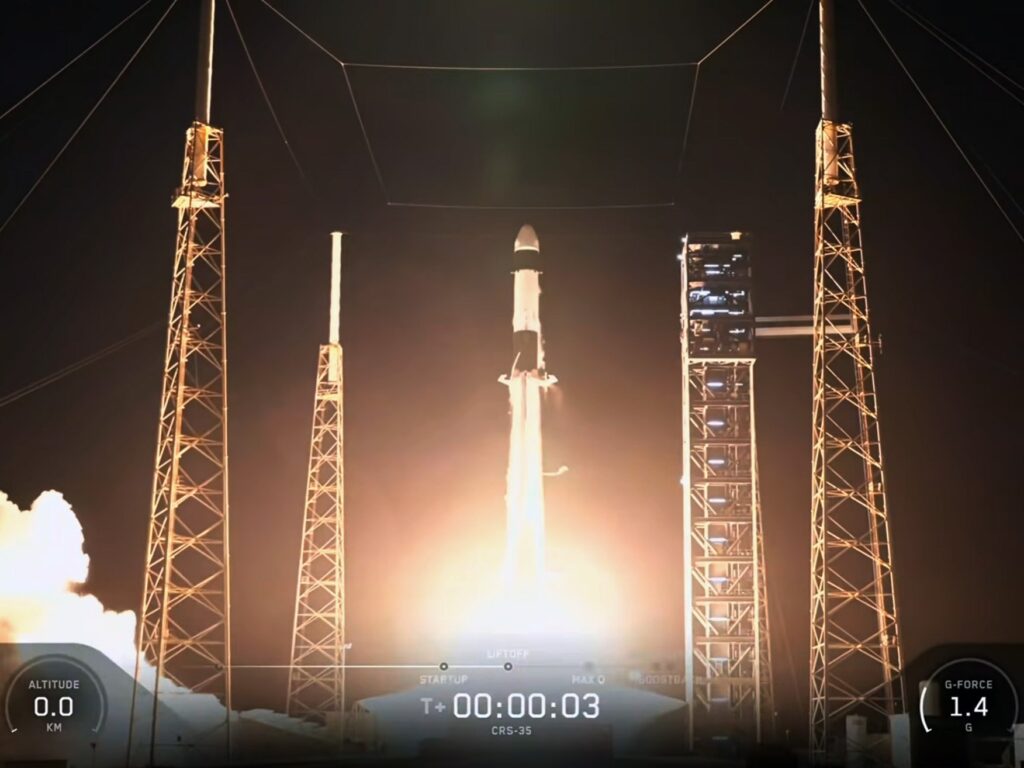 SpaceX Dragon on a Falcon 9 launching the CRS-35 mission from Florida on Oct. 13, 2026.