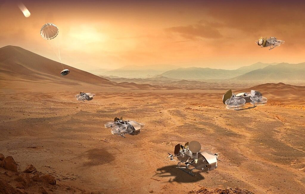 Overview graphic of the Dragonfly mission to Titan