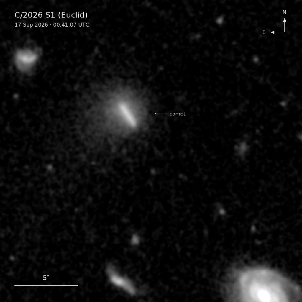 Annotated animation of Comet C/2026 S1 (Euclid) streaking across the sky in Euclid images