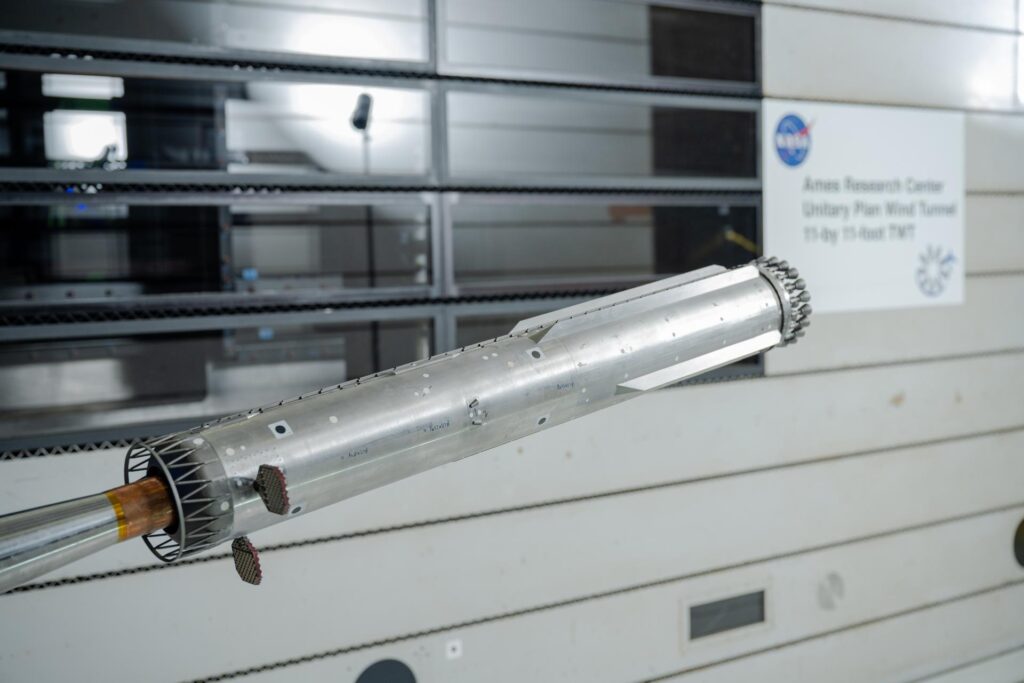 Super Heavy booster scale model in a NASA Ames wind tunnel during re-entry aerodynamics testing