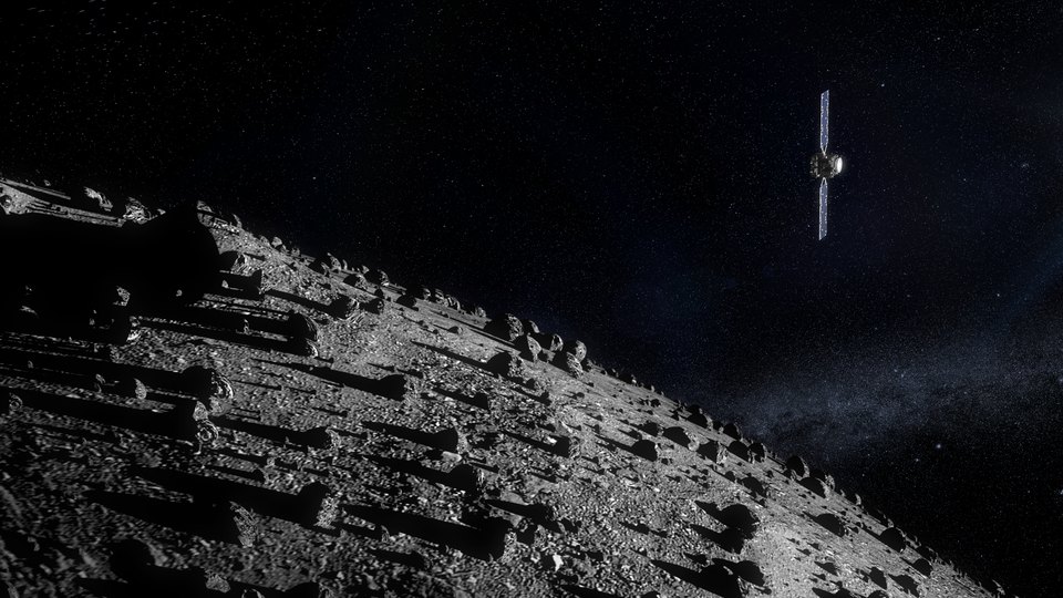 Artist's impression of the Hera spacecraft approaching Dimorphos