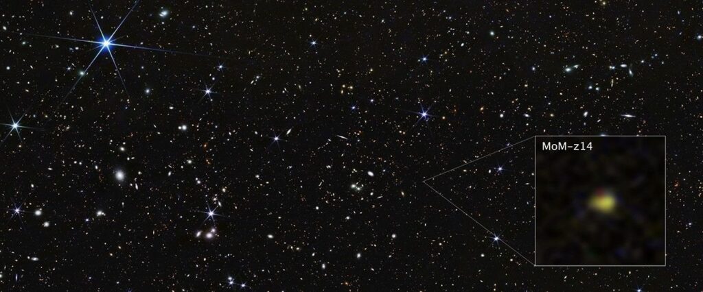 Webb’s earliest galaxies: MoM-z14 holds the record at 280 million years