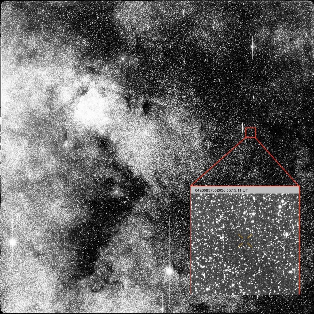 Discovery observation of 3I/ATLAS on July 1, 2025, a tiny dot in a star field