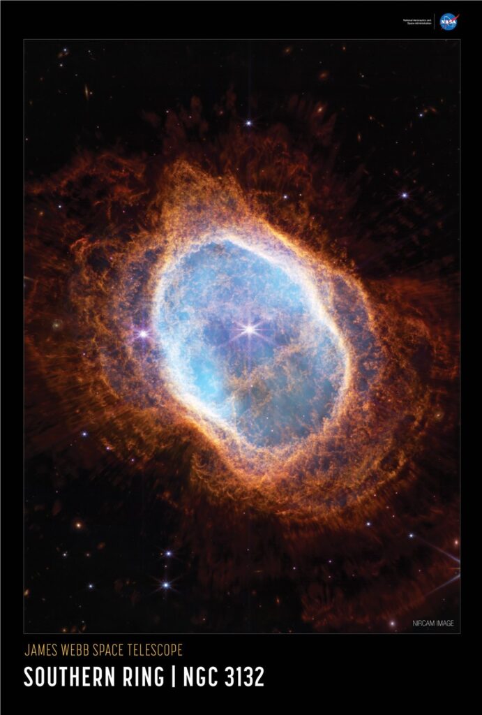The Southern Ring Nebula (NGC 3132), shells of gas around a dying star, seen by Webb