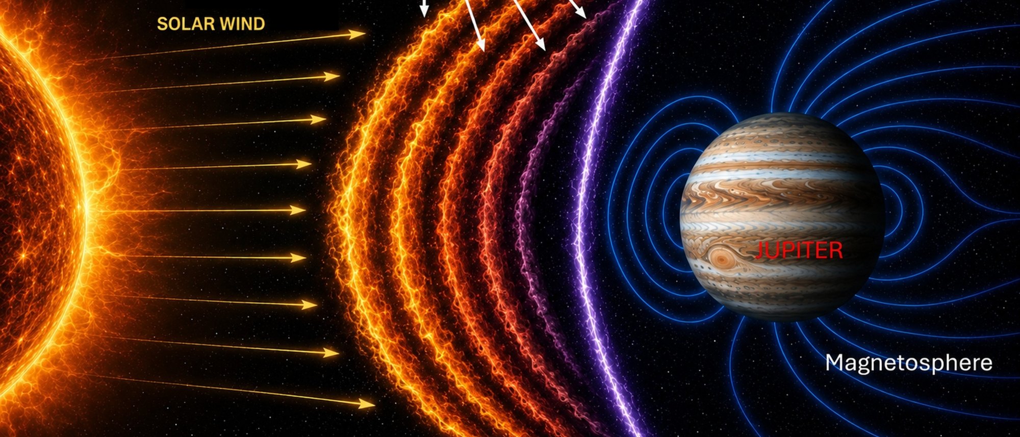 Jupiter slows the solar wind in stages, unlike Earth, Juno data show