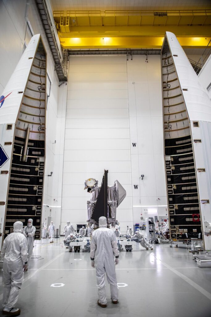NASA's Lucy spacecraft being moved inside the Astrotech Space Operations Facility in Titusville, Florida, on Sept. 29, 2021