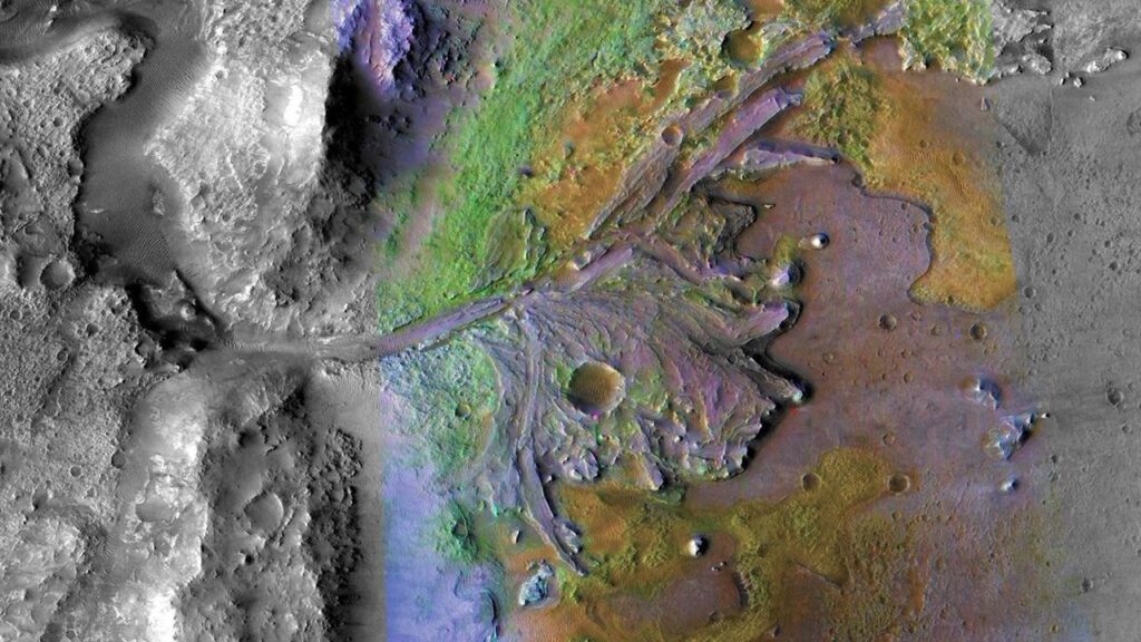 Color-enhanced view of Jezero Crater on Mars