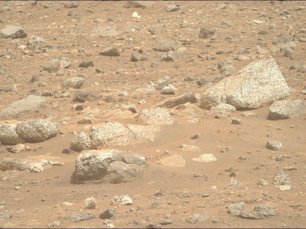 Light-toned boulders on a hillside in the Lac de Charmes region, seen by Perseverance's Mastcam-Z on sol 1965