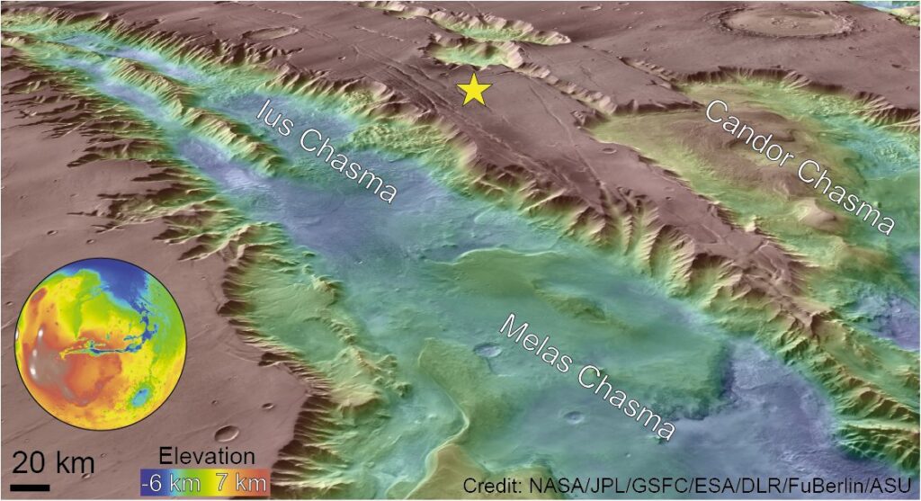 Map of western Valles Marineris with a yellow star marking the marsquake's epicenter