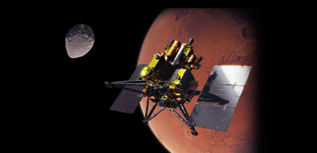 Main mission image of the Martian Moons eXploration (MMX) spacecraft
