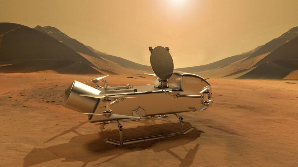 Artist's concept of the Dragonfly rotorcraft on the surface of Titan