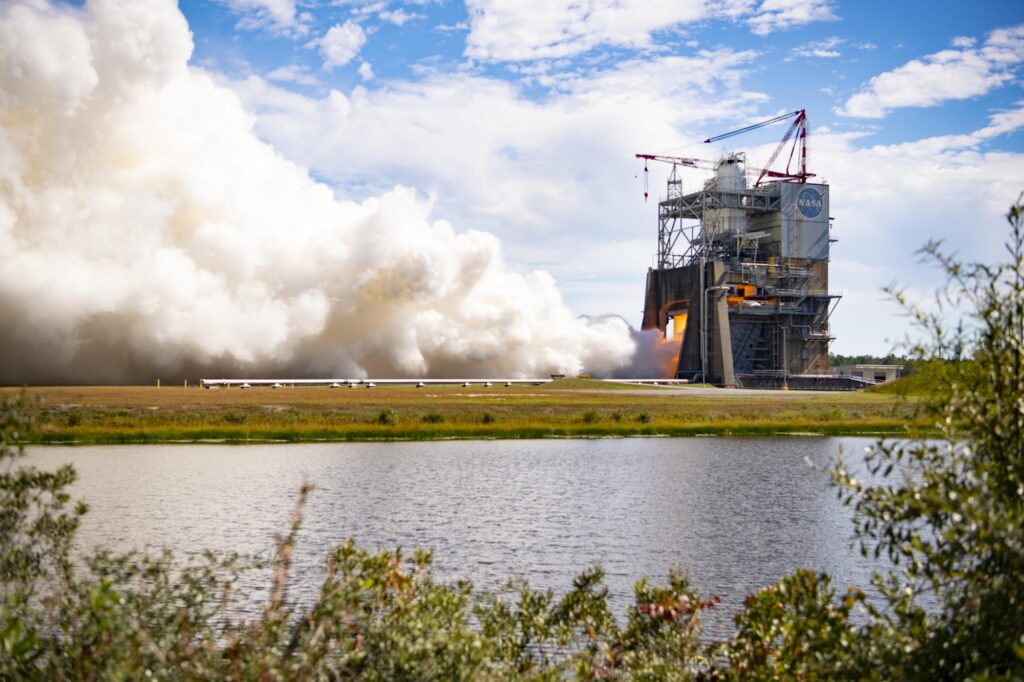 RS-25 engine No. 10001 during a hot fire test on the Fred Haise Test Stand at Stennis Space Center, Oct. 21, 2026