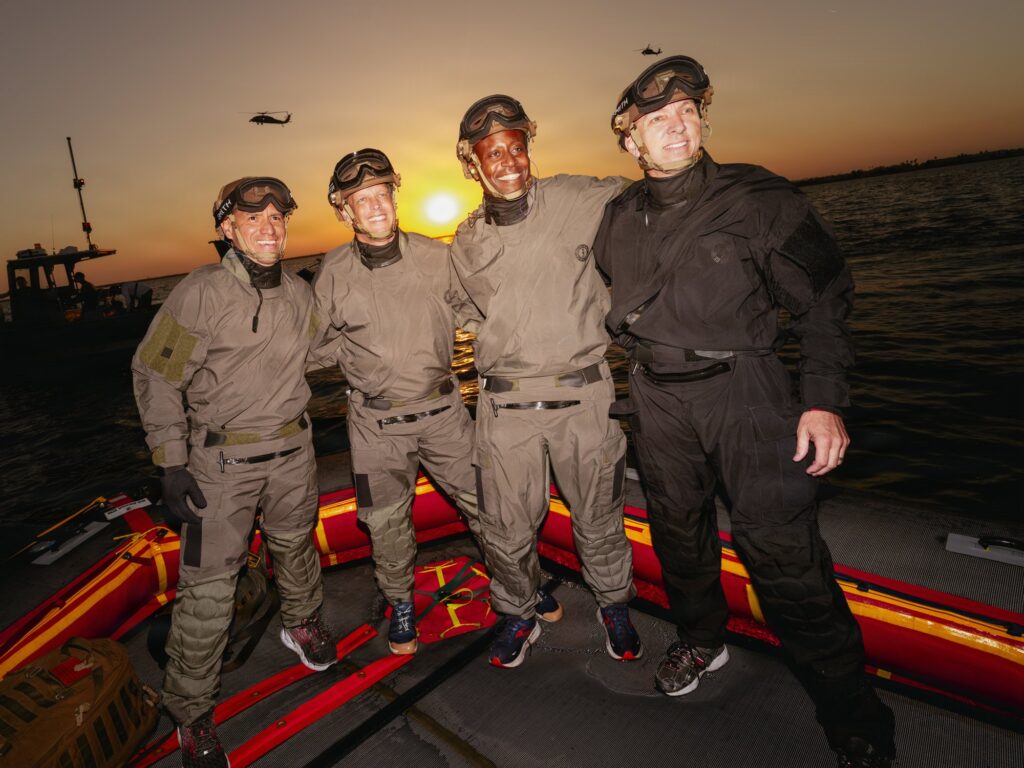 Artemis III astronauts before hoist training with U.S. Navy helicopter crews in San Diego, Sept. 24, 2026