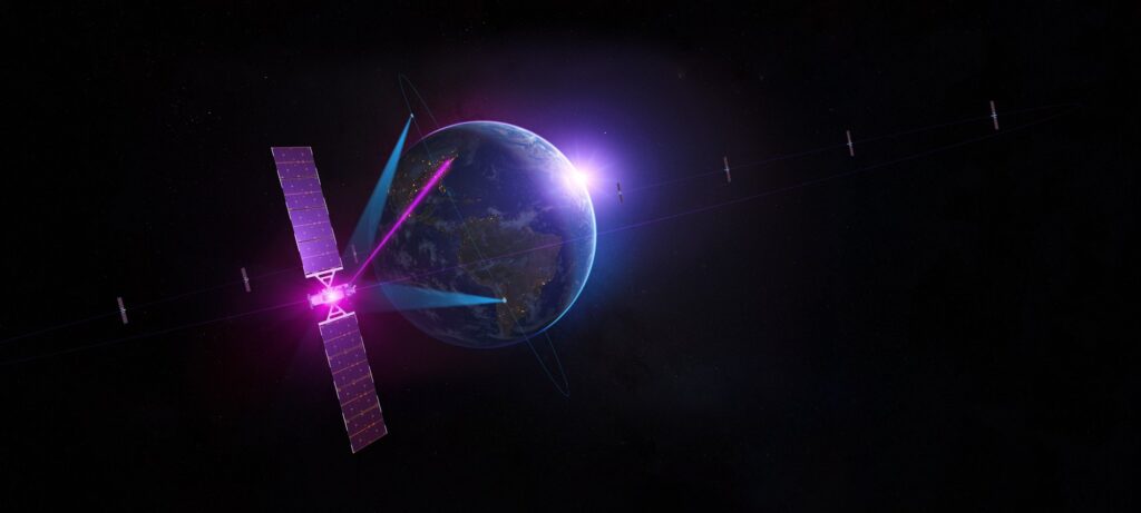 Artist's concept of SES Space and Defense low Earth orbit satellite relay services, showing a satellite beaming signals toward Earth