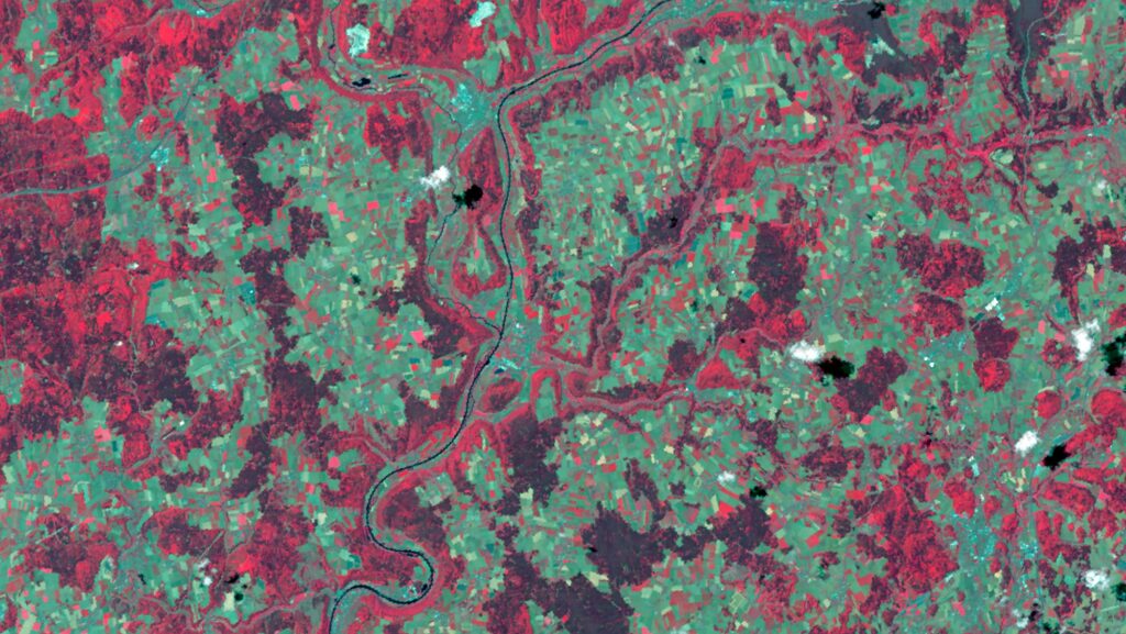Tanager color-infrared image of the Franconian Jura mountains in Germany, captured July 11, 2026, with healthy vegetation in red