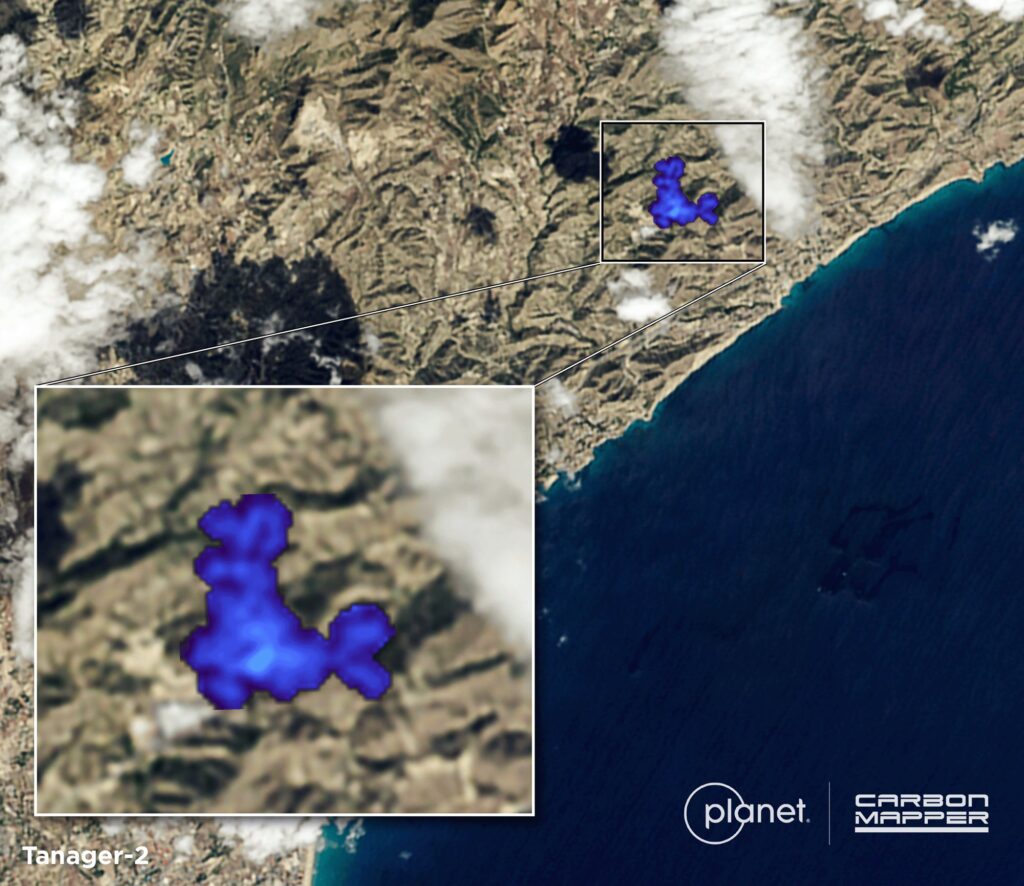 Large methane plume over Spain's coast detected by Carbon Mapper using Tanager-2 data from October 7, 2026