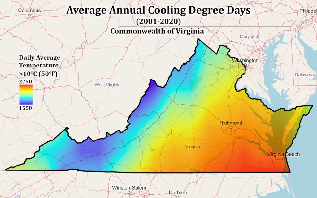 Color-coded map of Virginia showing cooling degree days, averaged from 2001 to 2020, from NASA POWER data