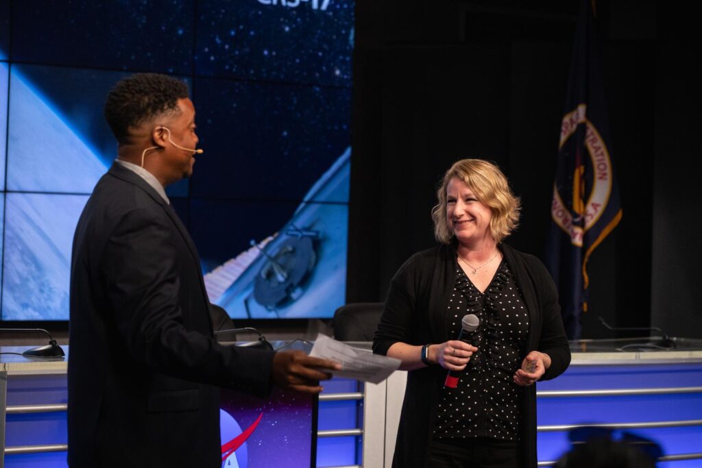 Dr. Lucy Low presents the Tissue Chips in Space project at a NASA Social briefing in 2019