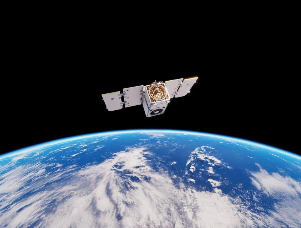 Illustration of a Pelican satellite in orbit over Earth's cloudy surface