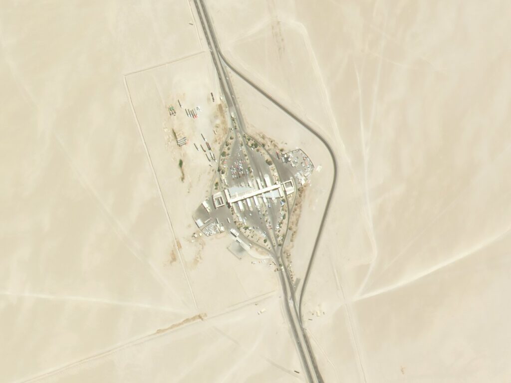 Sample high-resolution satellite image of a desert road checkpoint, shown on Planet's Pelican page