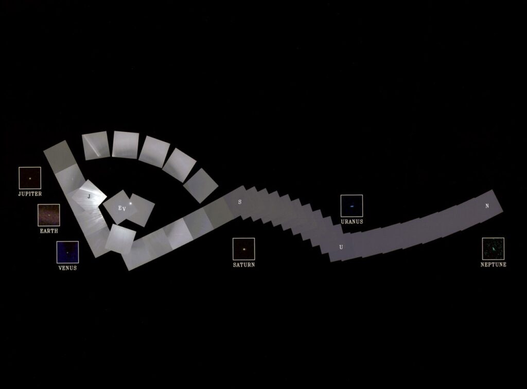 Voyager 1 solar system portrait showing planets as tiny specks of light