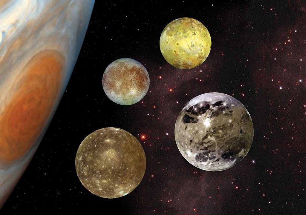 Composite image showing the edge of Jupiter and its four largest moons, Io, Europa, Ganymede and Callisto