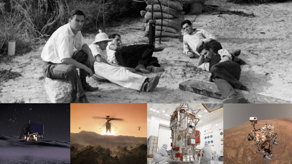 Collage marking JPL's 90th anniversary, with the 1936 rocket test group above images of a lunar drone, Mars helicopters, a clean room and a Mars rover