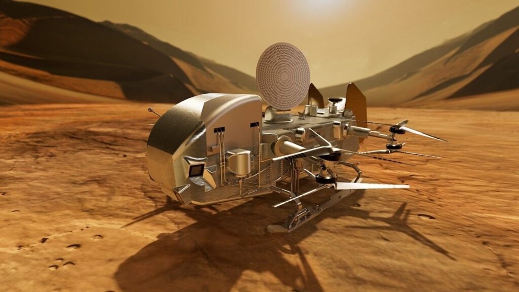 Artist's concept of Dragonfly on the surface of Titan