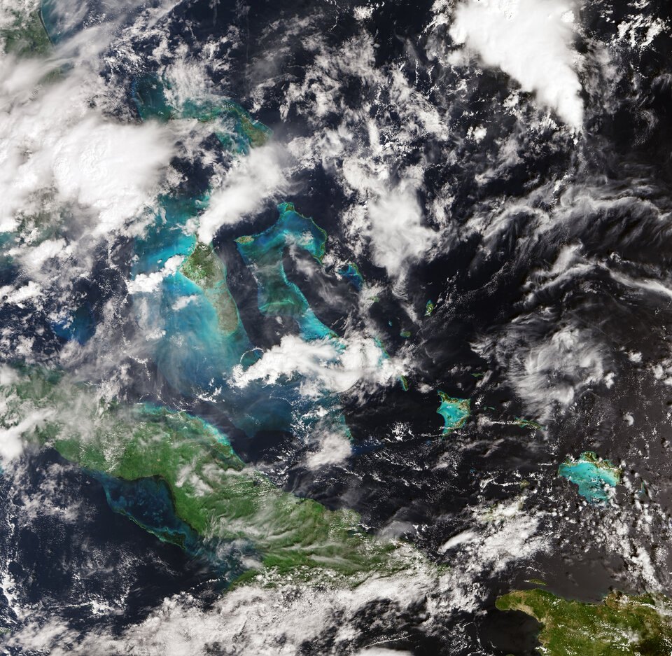 Sentinel-3C view of part of the Caribbean with Cuba to the south and the Bahamas at the top