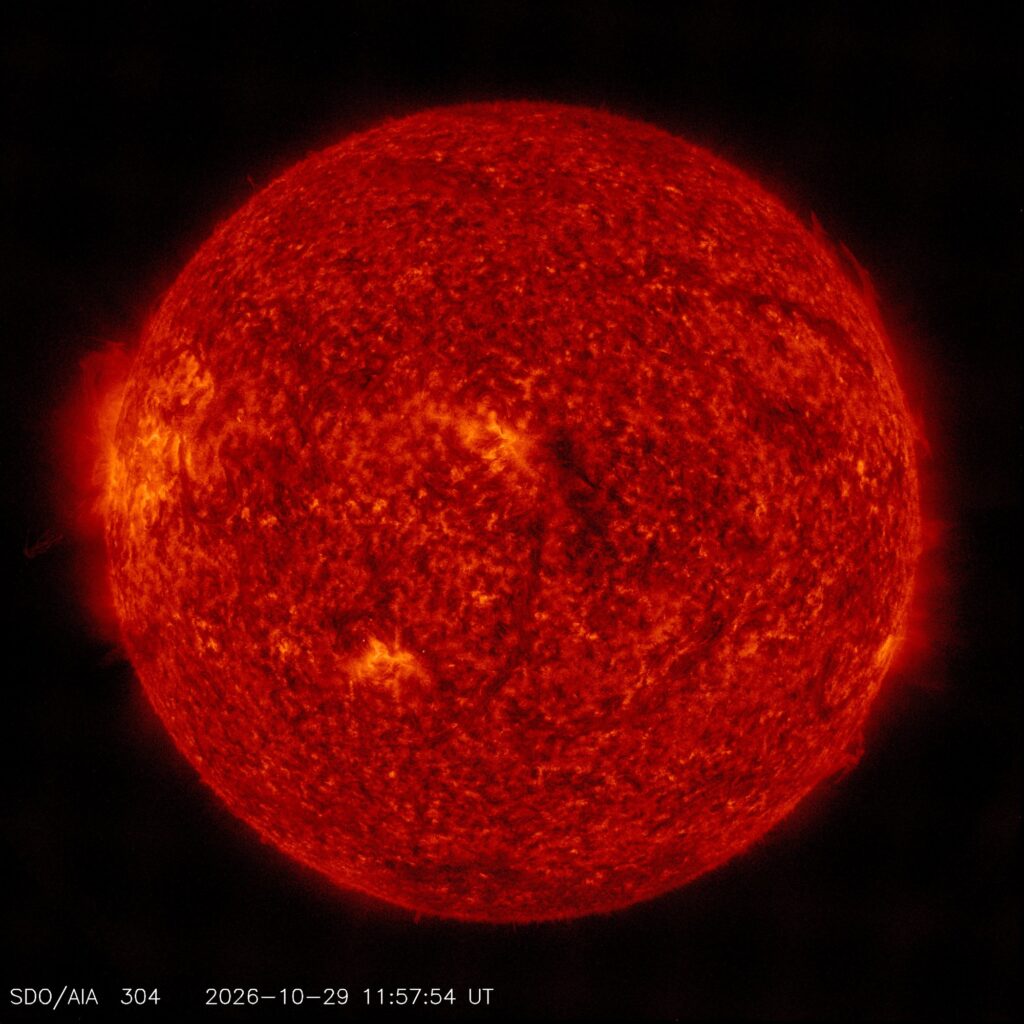 The Sun in extreme ultraviolet light at 304 angstroms, showing the lower solar atmosphere