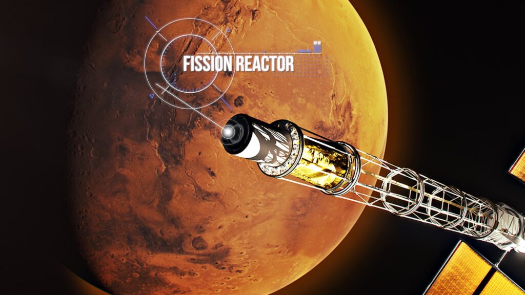 Illustration of SR-1 Freedom in deep space with a callout marking the fission reactor