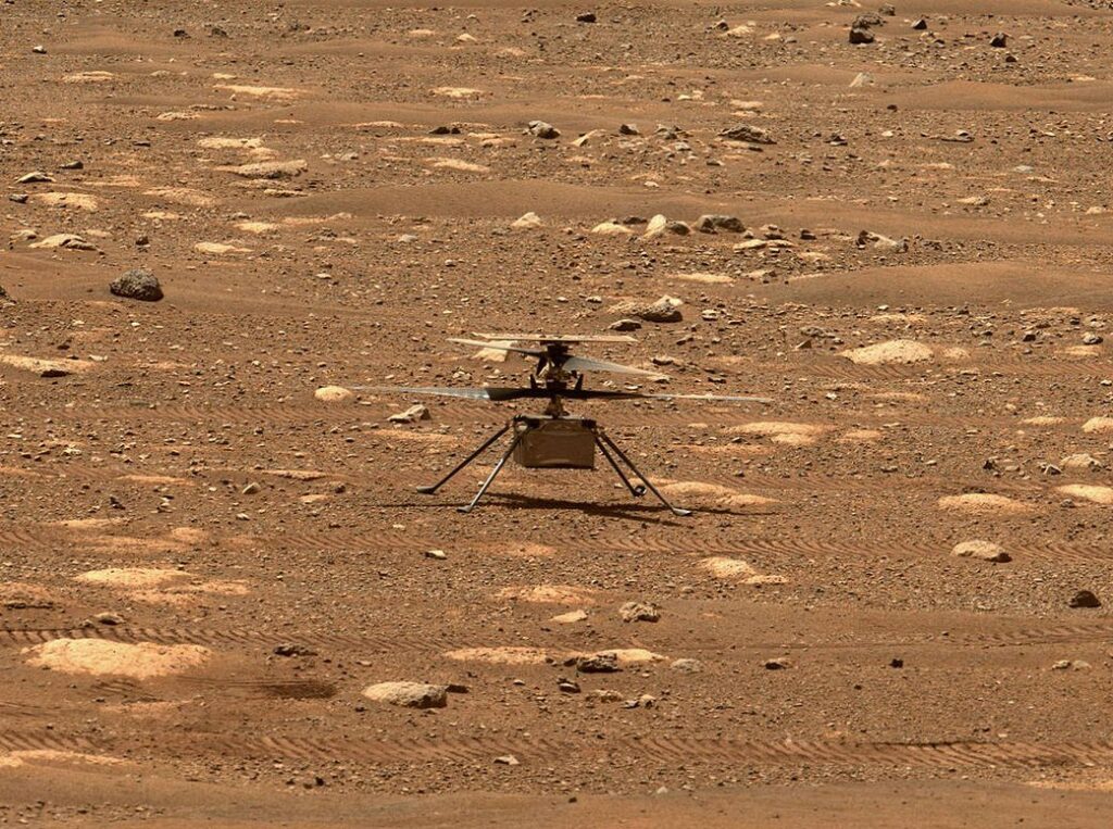 The Ingenuity Mars helicopter with its rotor blades unlocked, April 7, 2021