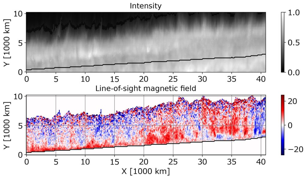 SCIP view of the solar limb showing chromospheric intensity and line-of-sight magnetic field, revealing height-dependent fields linked to spicules