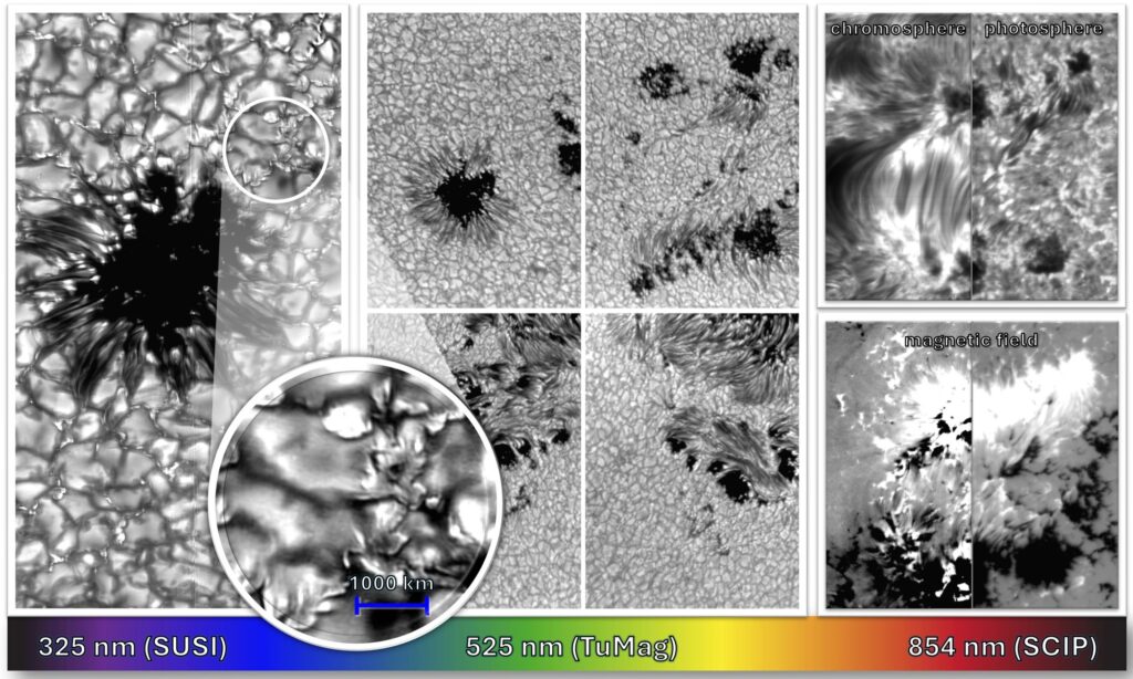 Three panels from Sunrise-III's first images: ultraviolet Sun from SUSI, sunspots in visible light from TuMag, and infrared chromosphere and photosphere from SCIP