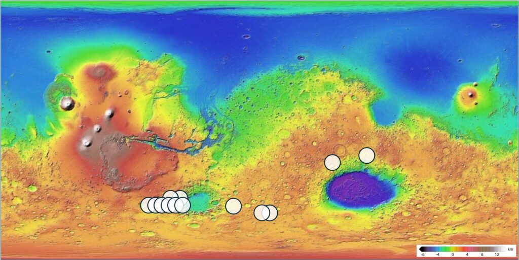 Map of Mars marking 13 locations that match the mineralogy and chemistry of Teghaza 001