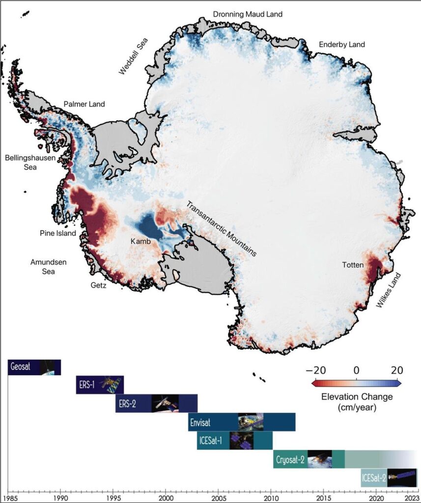 Map of Antarctic ice sheet height change from 1985 to 2021, with the fastest ice loss at Pine Island and Thwaites glaciers
