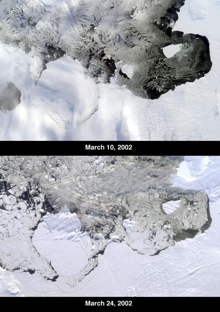 Satellite images from March 2002 showing iceberg B-22 breaking off the Thwaites Ice Tongue in the Amundsen Sea