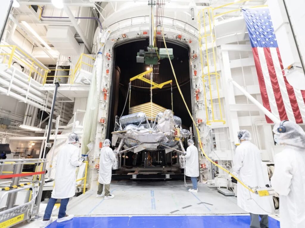 The Griffin-1 lunar lander inside JPL's 25-foot space simulator during testing for a Moon mission