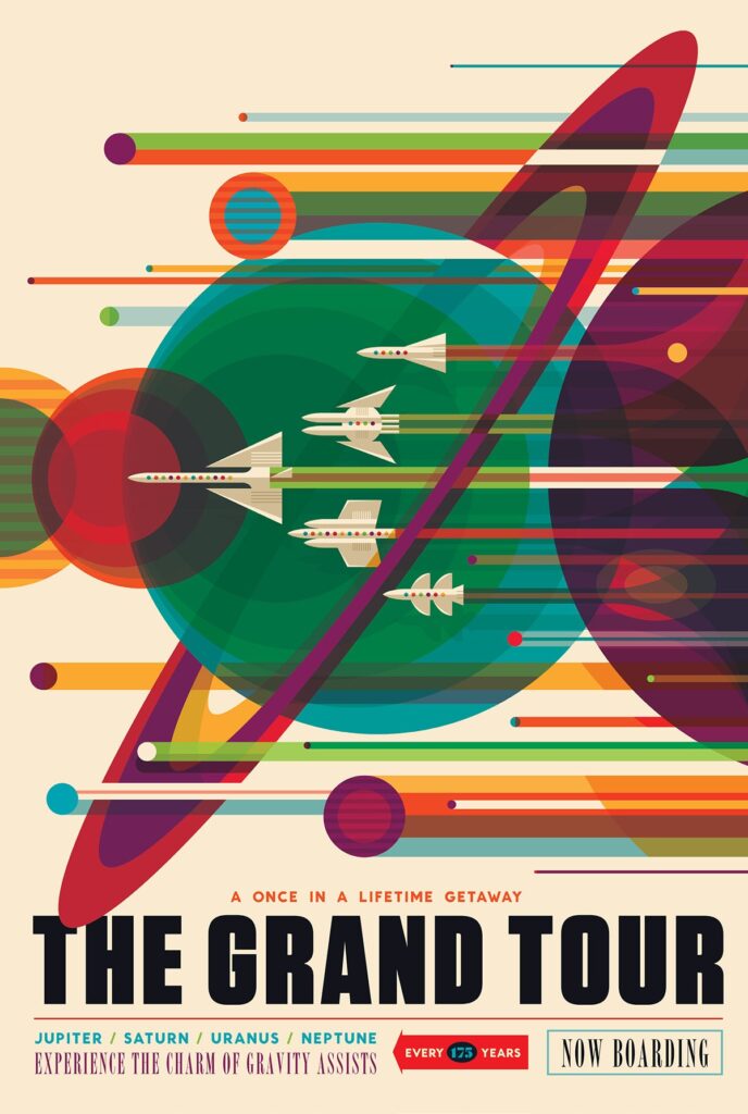 A fleet of spacecraft zoom across Jupiter and Saturn in a futuristic racing-poster style illustration of the Voyager Grand Tour